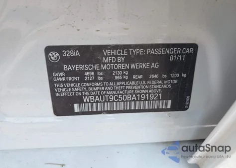 2011 BMW 328I из США, поврежденный, VIN WBAUT9C50BA191921